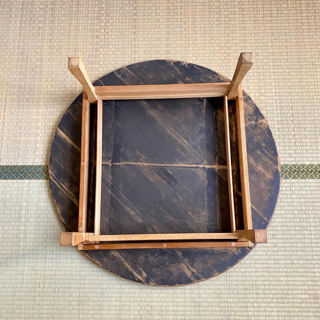 昭和レトロ ちゃぶ台 直径87cm 無塗装 無垢材 建具屋製 折りたたみ ④