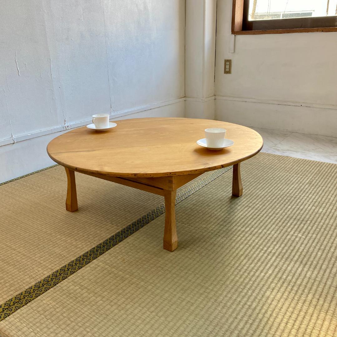 昭和レトロ ちゃぶ台 直径87cm 無塗装 無垢材 建具屋製 折りたたみ ④