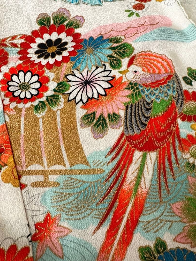 七五三 7歳 四つ身着物 レトロ柄 牡丹 鶴 金彩 美品