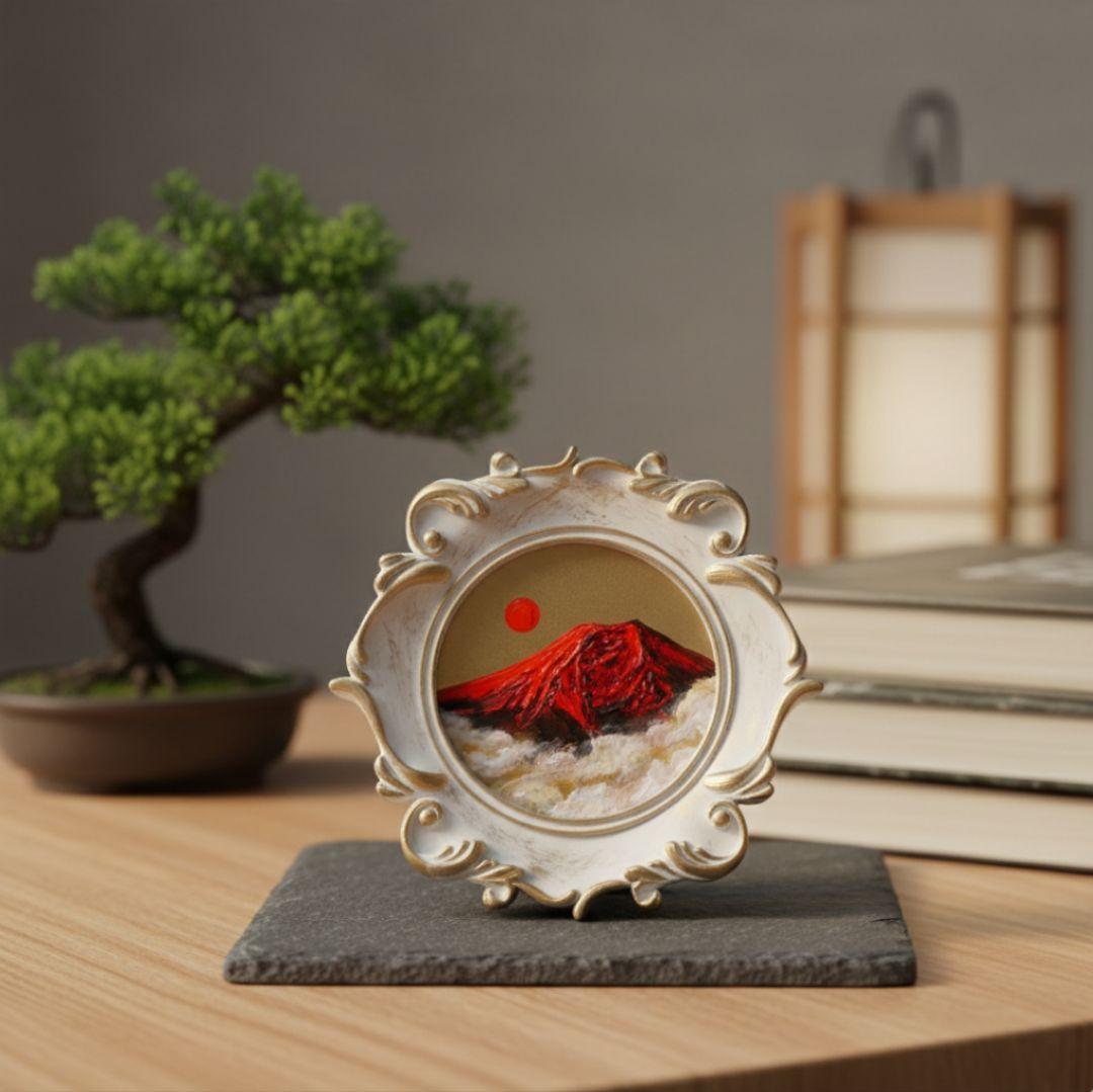 【真作】油絵『旭日赤富士』額装付き 縁起物 厄除け 運気上昇 風水