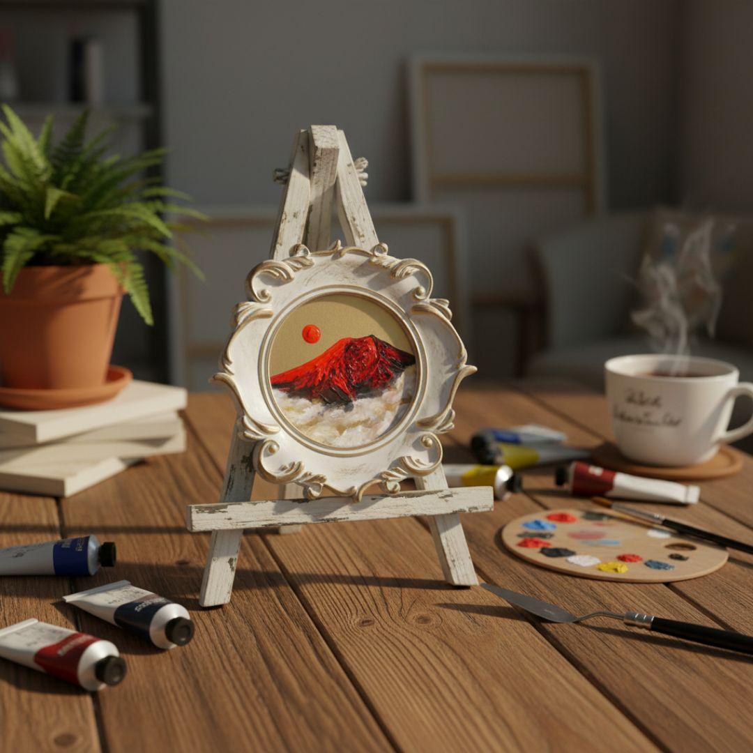 【真作】油絵『旭日赤富士』額装付き 縁起物 厄除け 運気上昇 風水