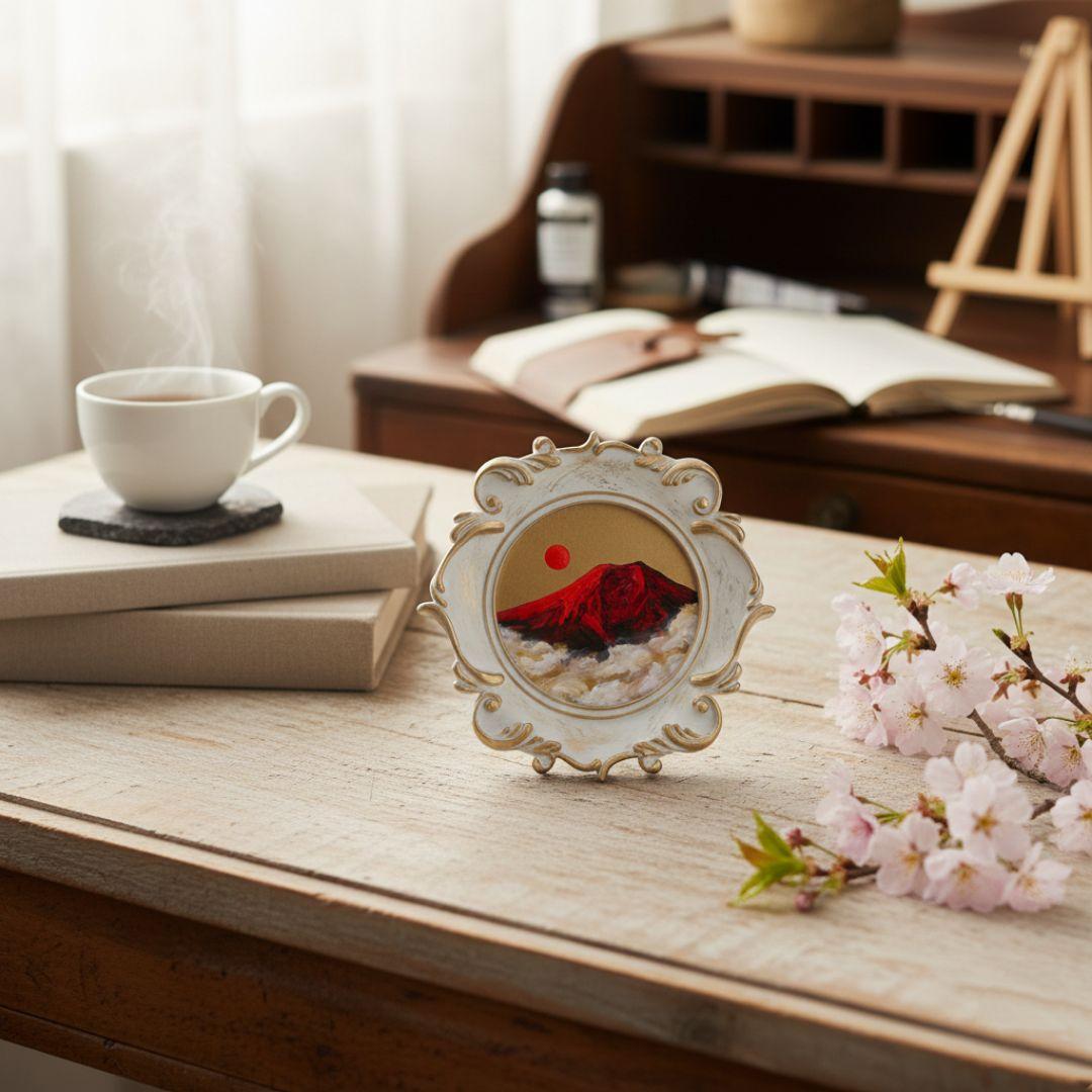 【真作】油絵『旭日赤富士』額装付き 縁起物 厄除け 運気上昇 風水