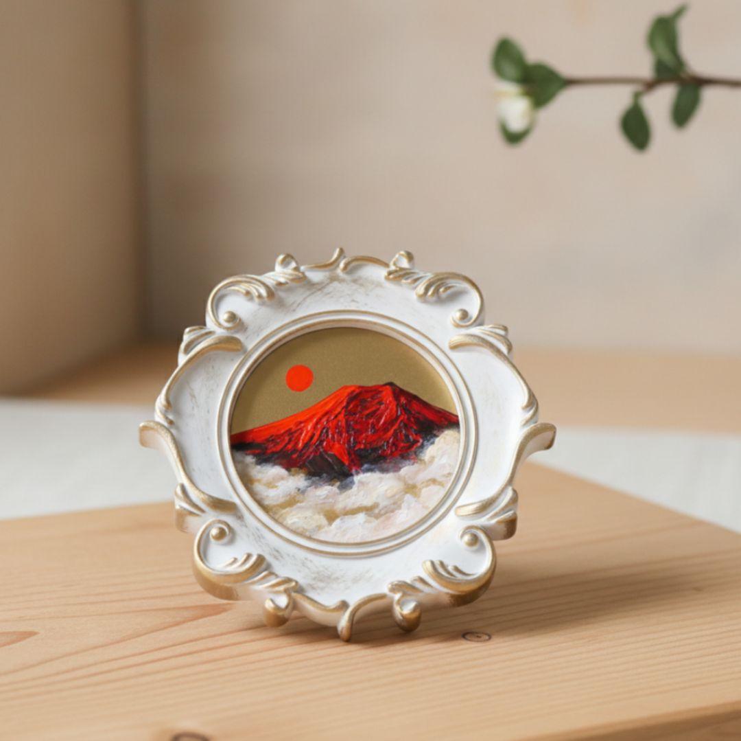 【真作】油絵『旭日赤富士』額装付き 縁起物 厄除け 運気上昇 風水