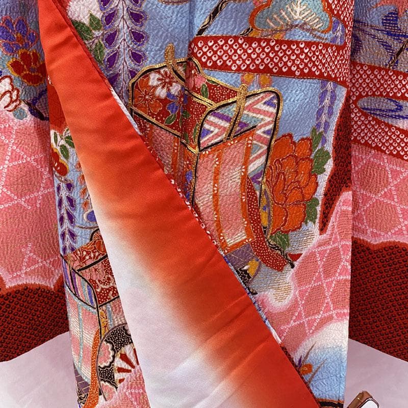 505ag6◎七五三 七歳 女児 着物&袋帯 総絞り風 金駒刺繍 雪輪 赤◎