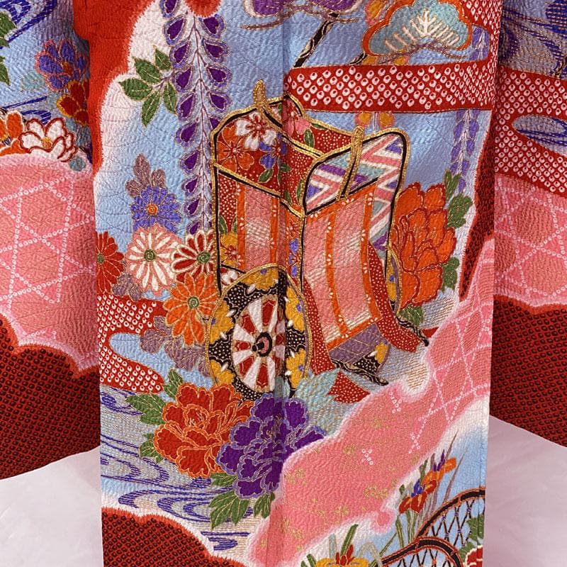 505ag6◎七五三 七歳 女児 着物&袋帯 総絞り風 金駒刺繍 雪輪 赤◎