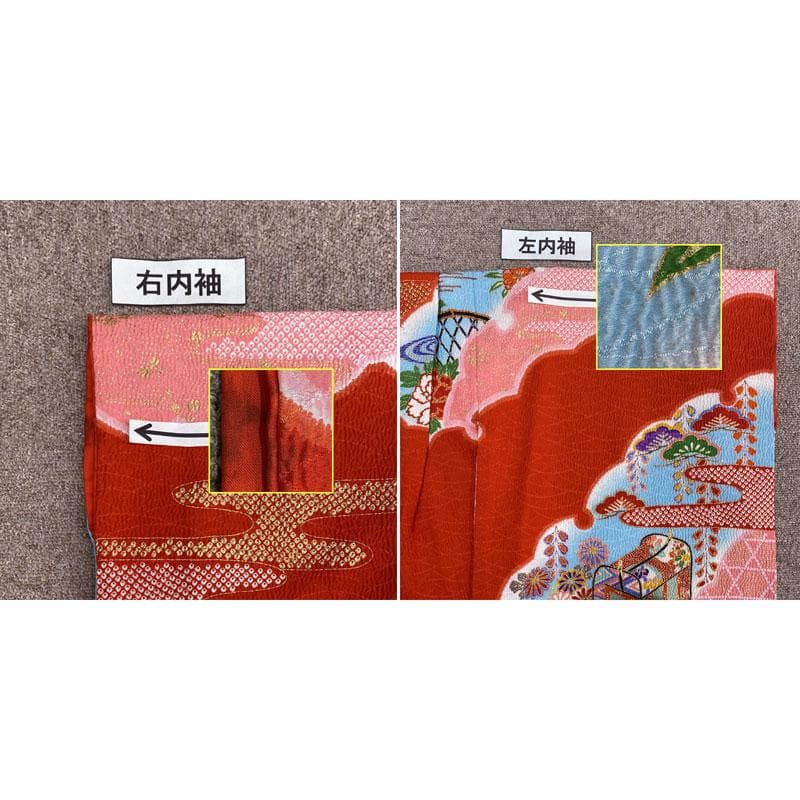 505ag6◎七五三 七歳 女児 着物&袋帯 総絞り風 金駒刺繍 雪輪 赤◎