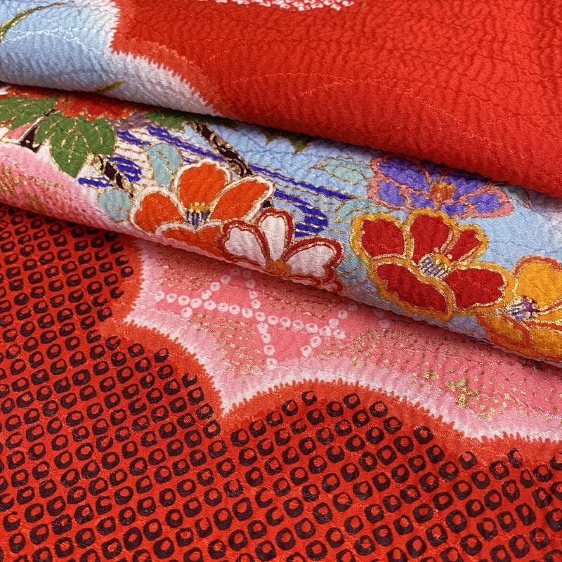 505ag6◎七五三 七歳 女児 着物&袋帯 総絞り風 金駒刺繍 雪輪 赤◎