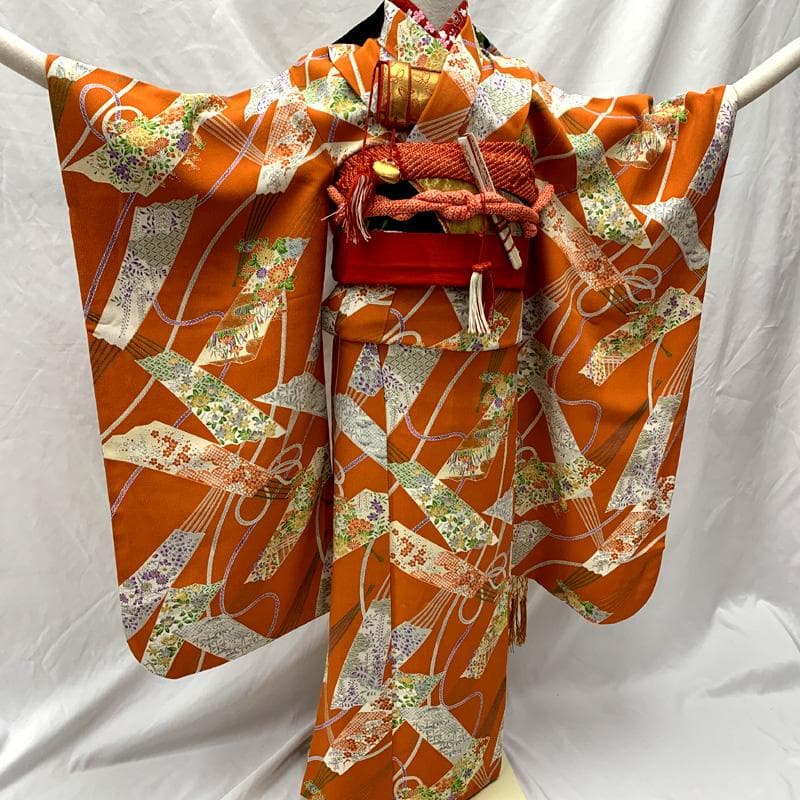 512ag33□七五三 七歳 女児 着物&袋帯 ちりめん地 扇 オレンジ□美品