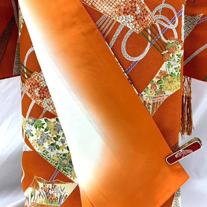 512ag33□七五三 七歳 女児 着物&袋帯 ちりめん地 扇 オレンジ□美品