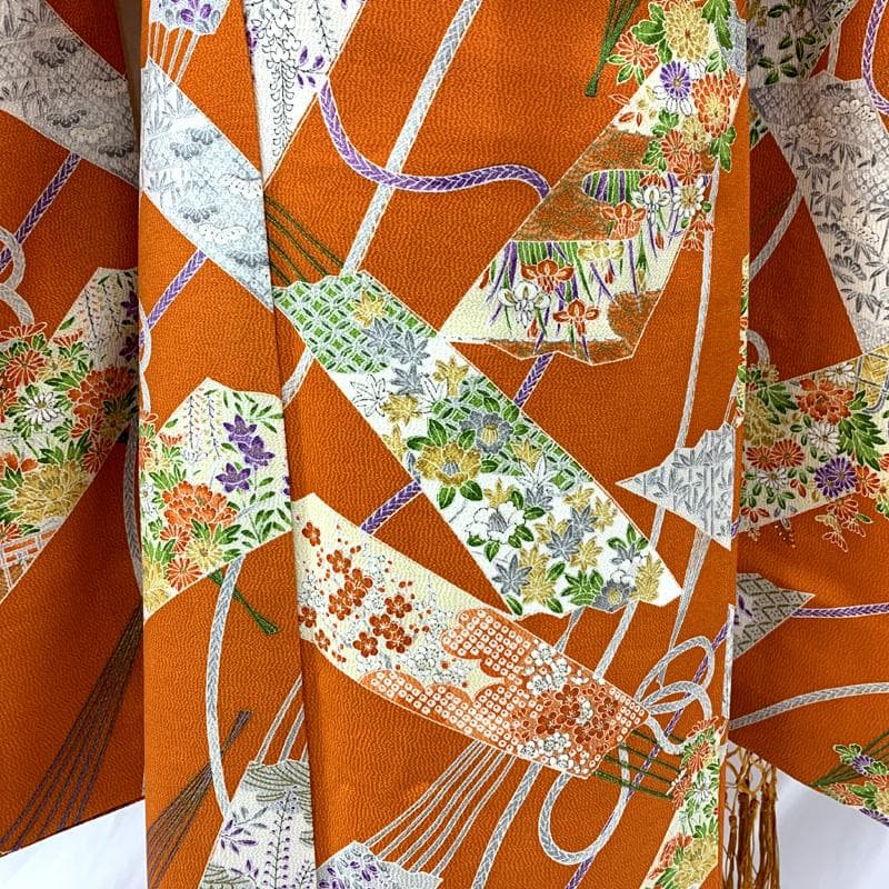 512ag33□七五三 七歳 女児 着物&袋帯 ちりめん地 扇 オレンジ□美品