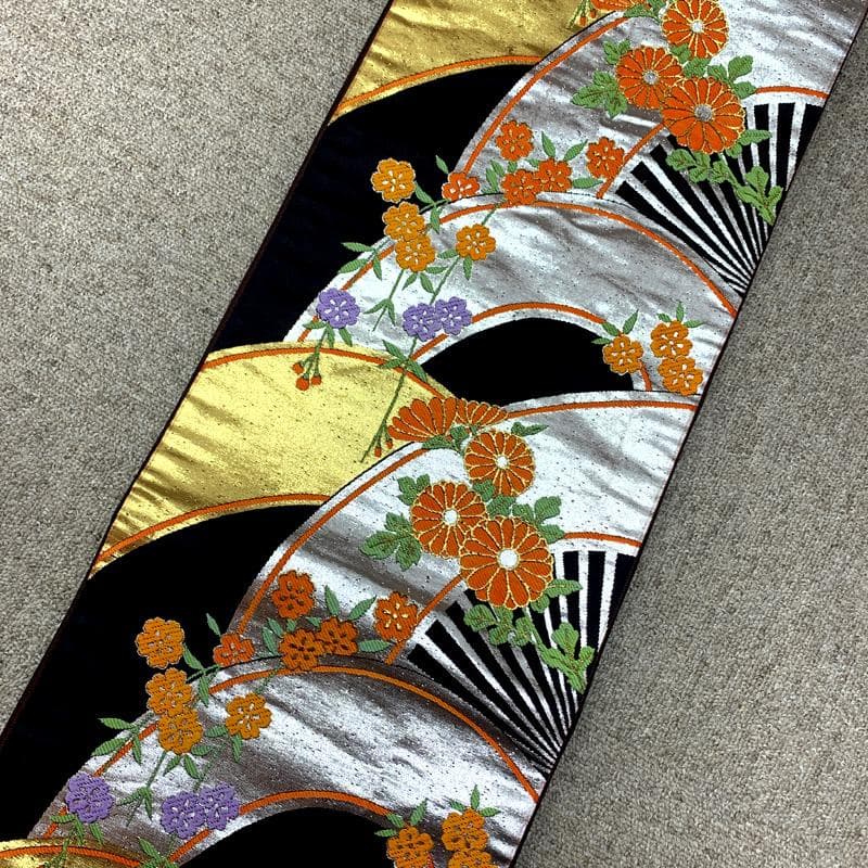 512ag33□七五三 七歳 女児 着物&袋帯 ちりめん地 扇 オレンジ□美品