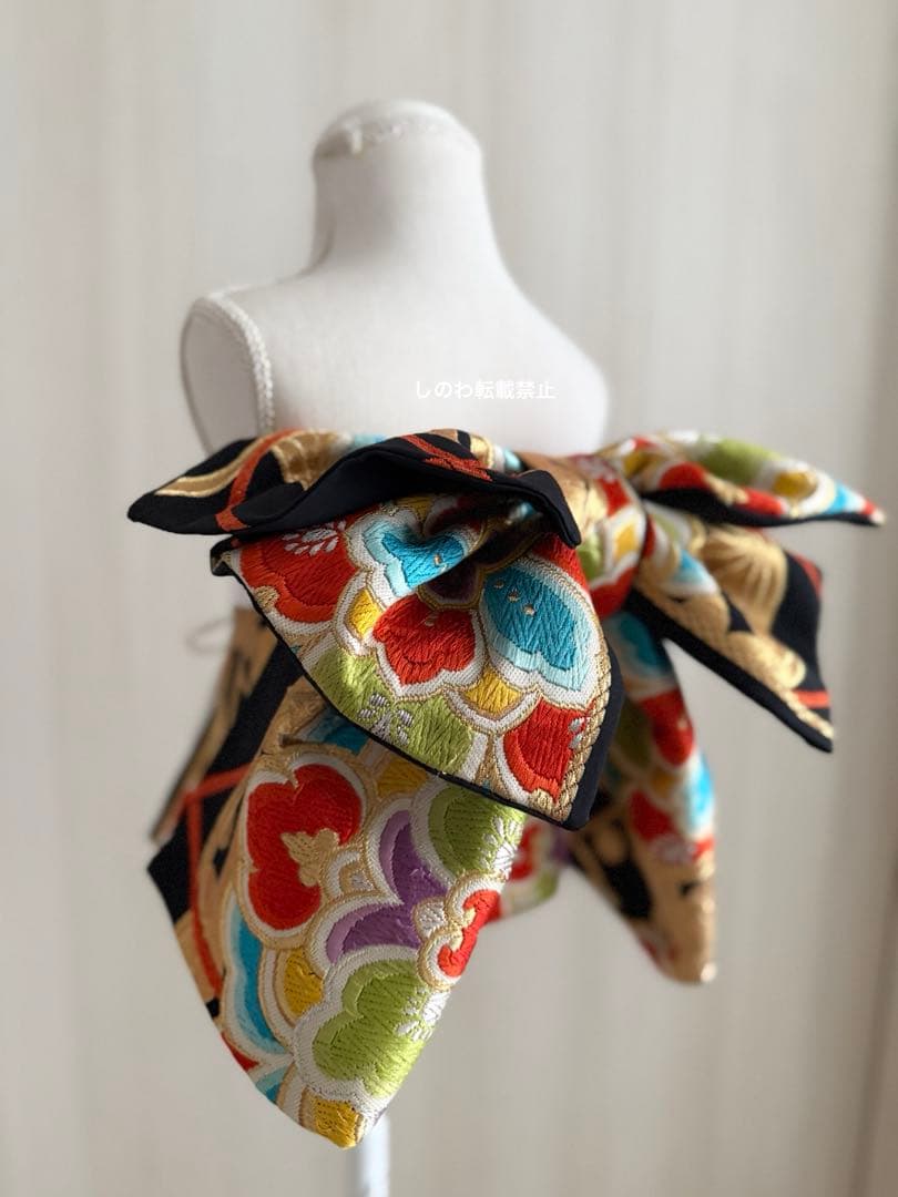 着付師が作る作り帯♡7歳七五三　正絹西陣織唐織帯　黒地　リボン文庫結び