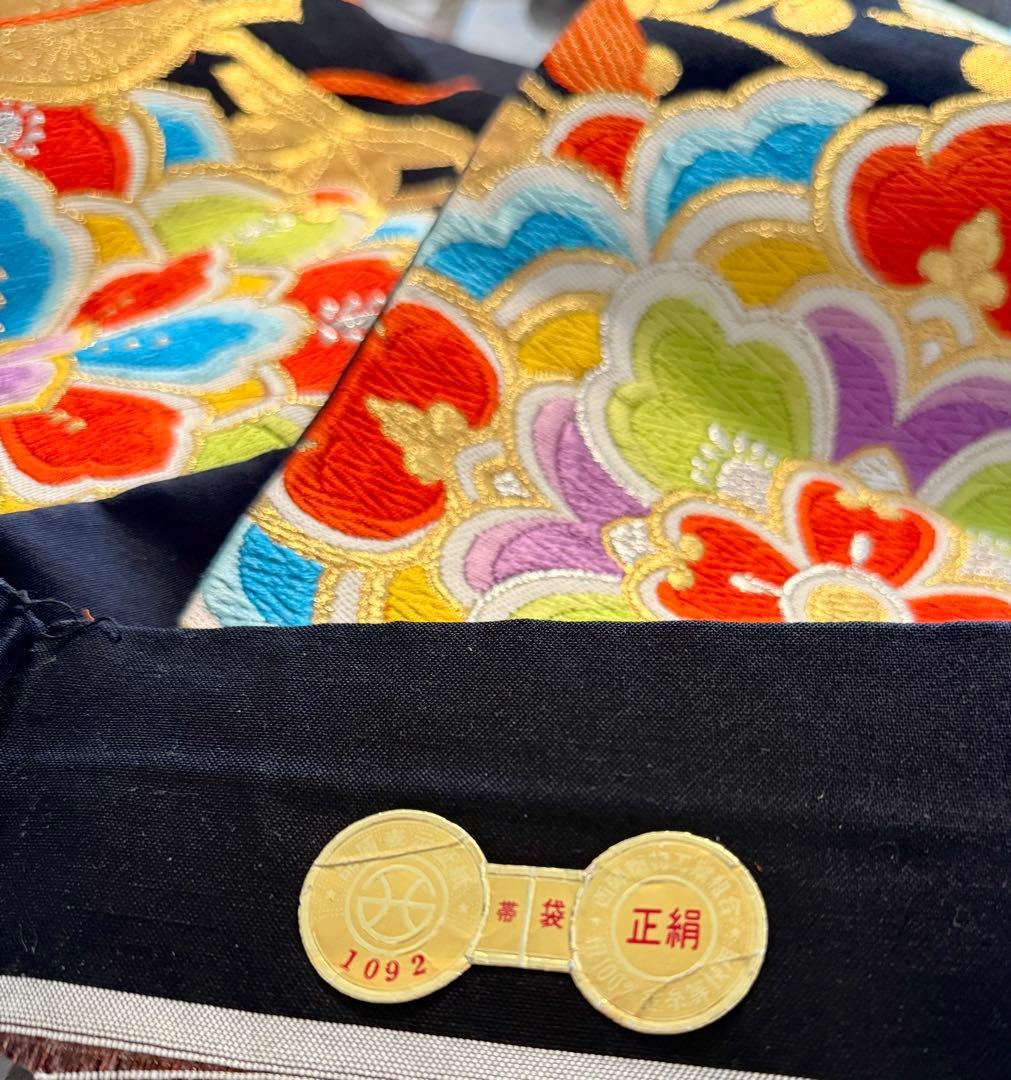 着付師が作る作り帯♡7歳七五三　正絹西陣織唐織帯　黒地　リボン文庫結び