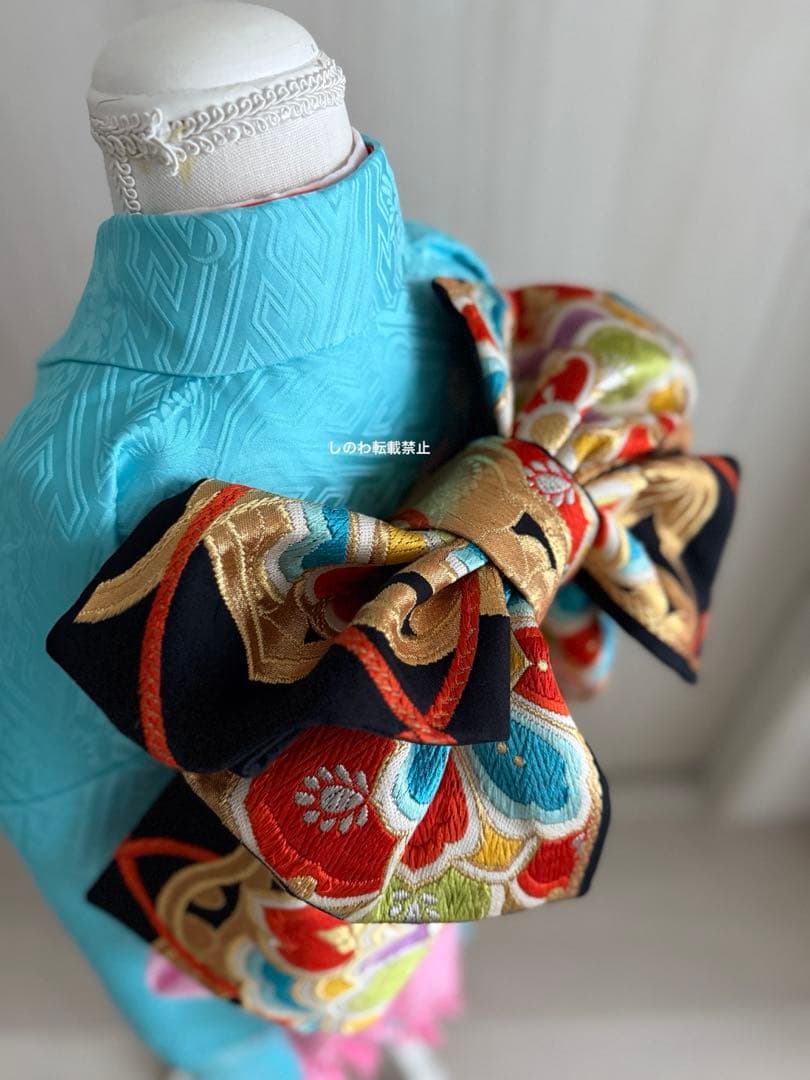 着付師が作る作り帯♡7歳七五三　正絹西陣織唐織帯　黒地　リボン文庫結び