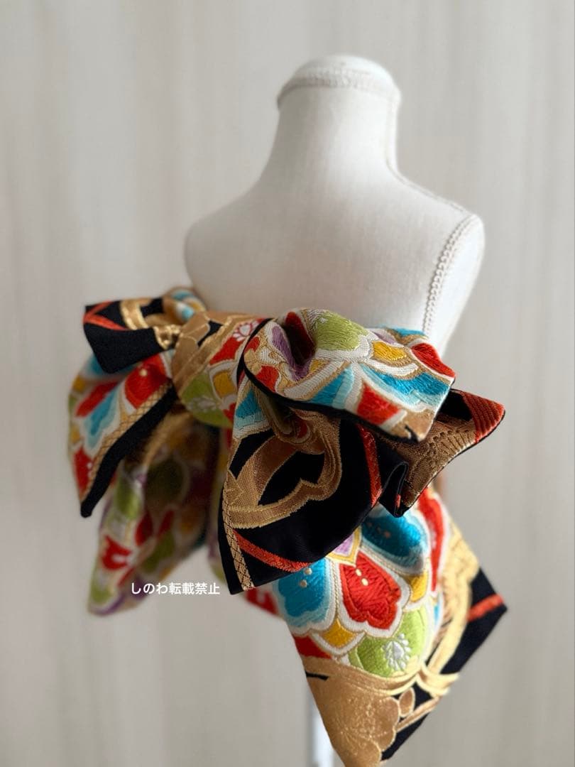 着付師が作る作り帯♡7歳七五三　正絹西陣織唐織帯　黒地　リボン文庫結び