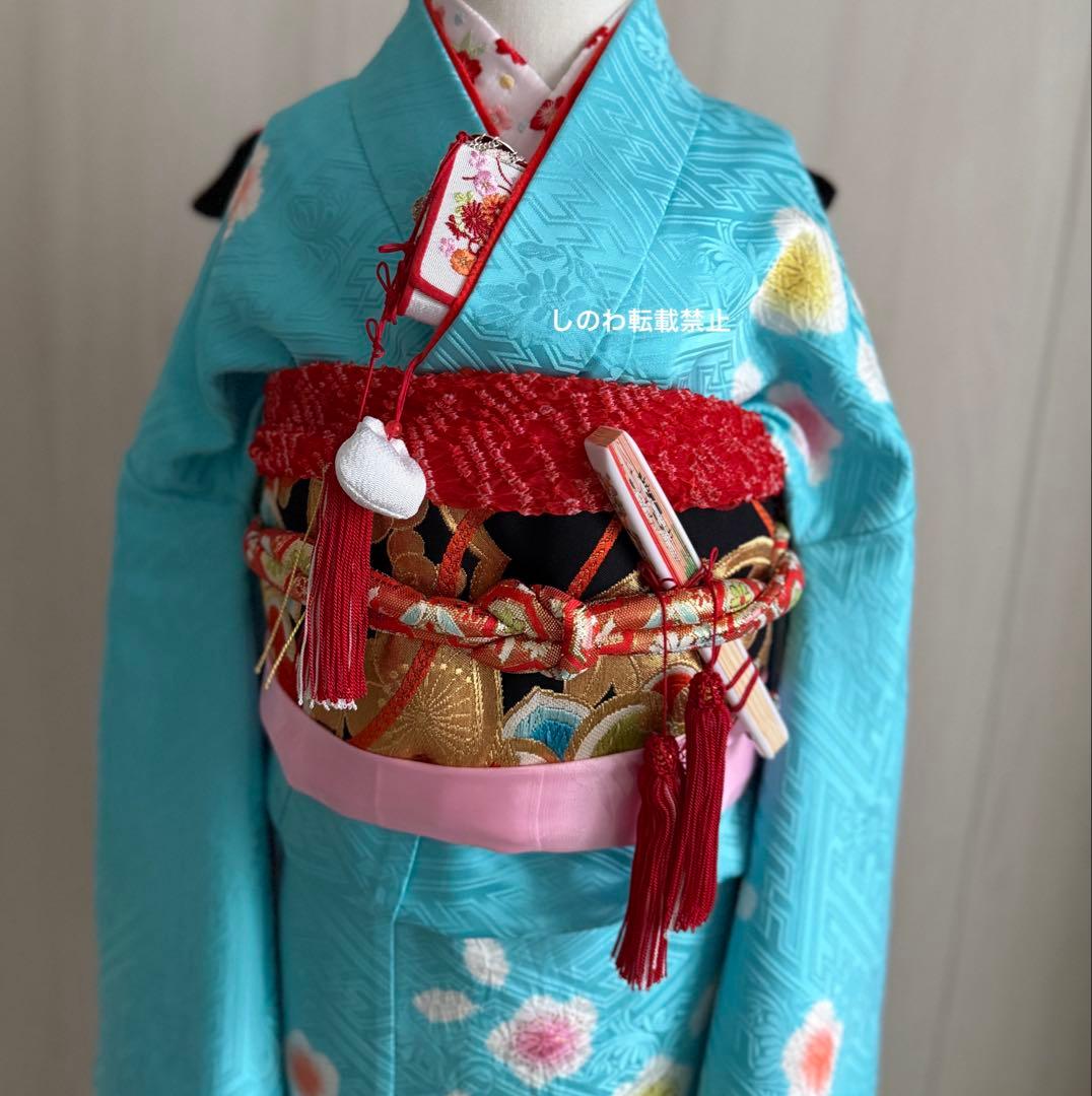 着付師が作る作り帯♡7歳七五三　正絹西陣織唐織帯　黒地　リボン文庫結び