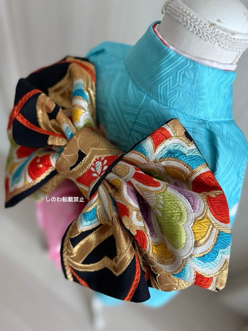 着付師が作る作り帯♡7歳七五三　正絹西陣織唐織帯　黒地　リボン文庫結び