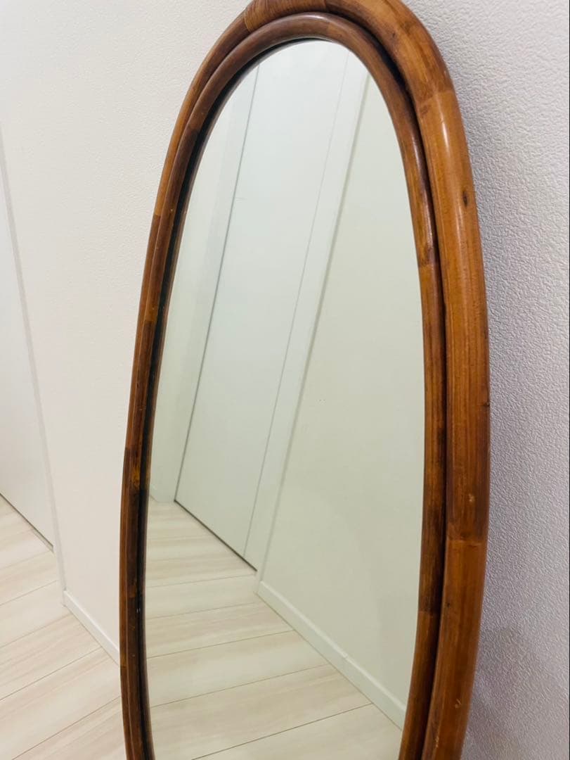 アンティーク ラタン 天然木 壁掛け鏡 ウォールミラー