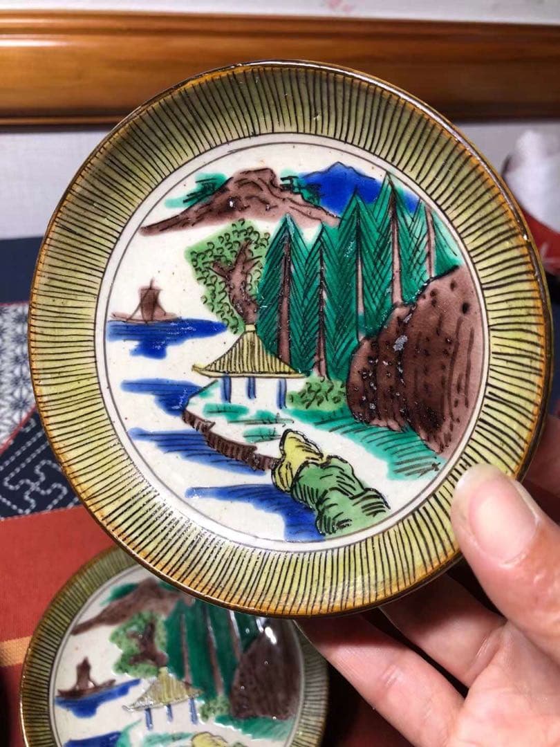 吉田屋窯　青九谷　古九谷　九谷焼　青手　豆皿　鑑賞陶器　蔵出し　角福　4客