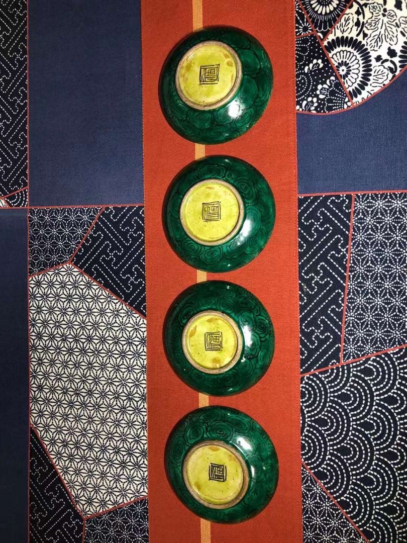 吉田屋窯　青九谷　古九谷　九谷焼　青手　豆皿　鑑賞陶器　蔵出し　角福　4客