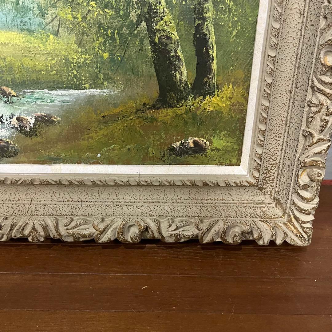 アンティーク】額装 額縁 絵画 油彩画 風景画 小川 森林 銘有り オブジェ