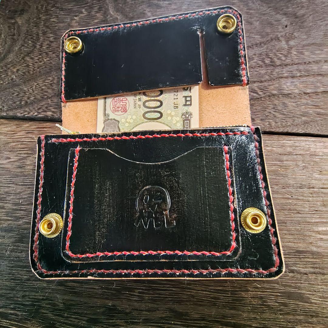 ミドルサイズ トラッカーウォレット 黒 赤いバラ 手染め (80)