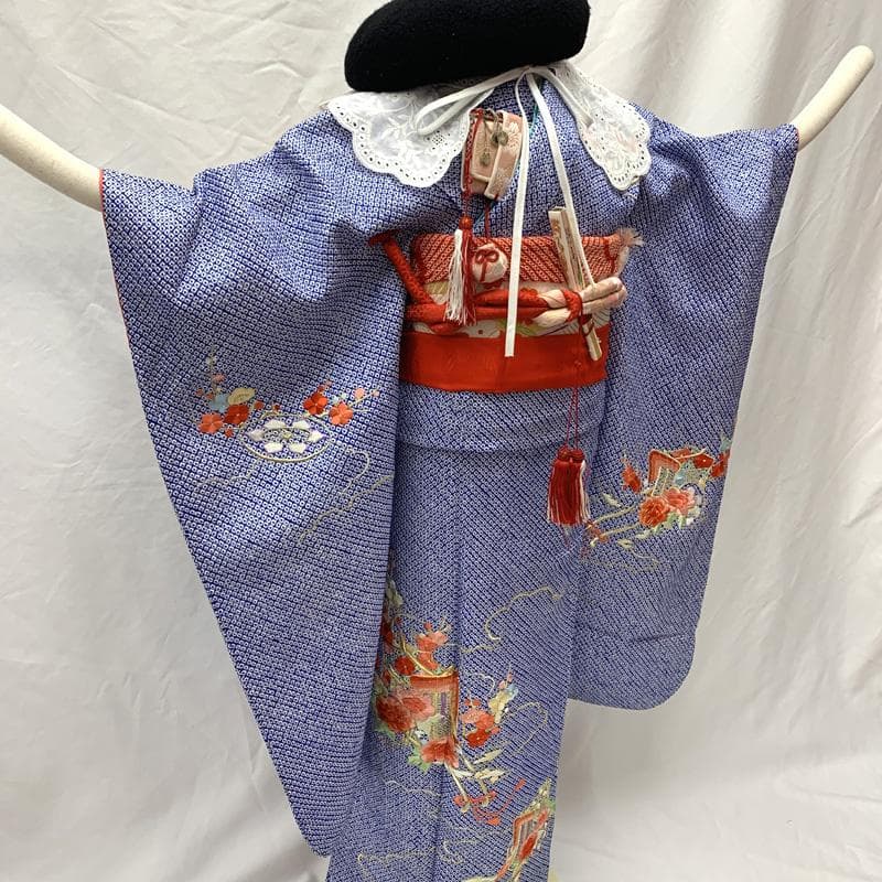 506ag54□七五三 七歳 女児 着物&袋帯 総絞り 総刺繍 御所車□美品