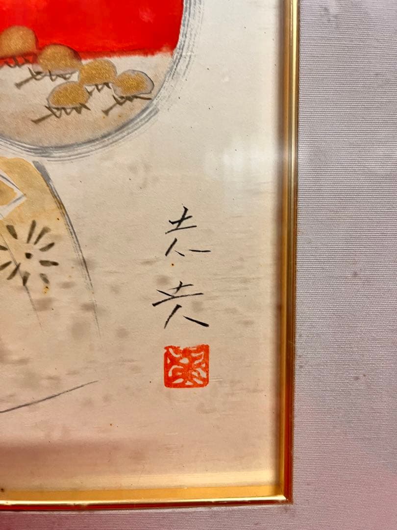 日本画 立雛 伝統的な衣装の人物 木製フレーム 作者分からず