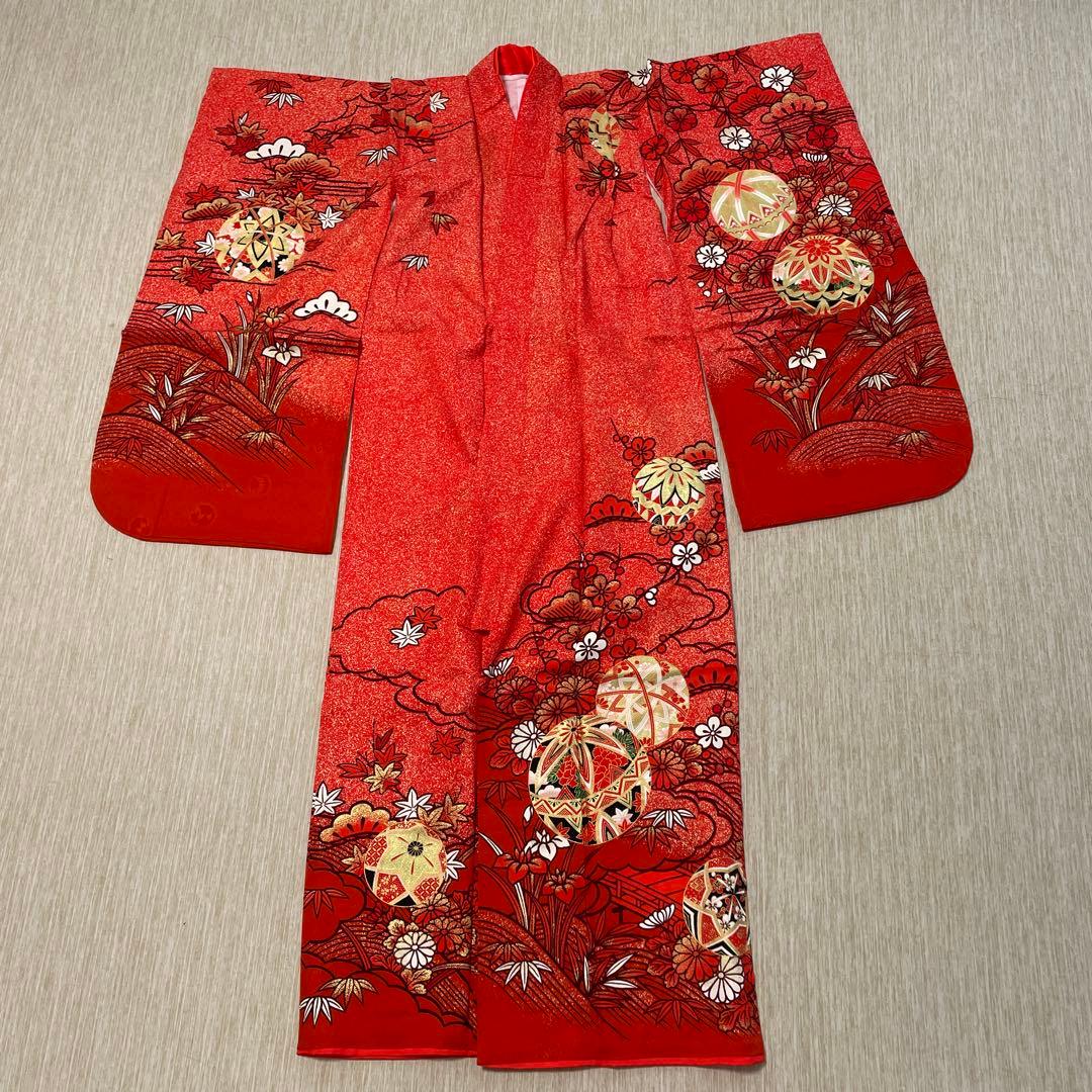 七五三用 赤色 花柄 和風衣装 鞠 着物 襦袢