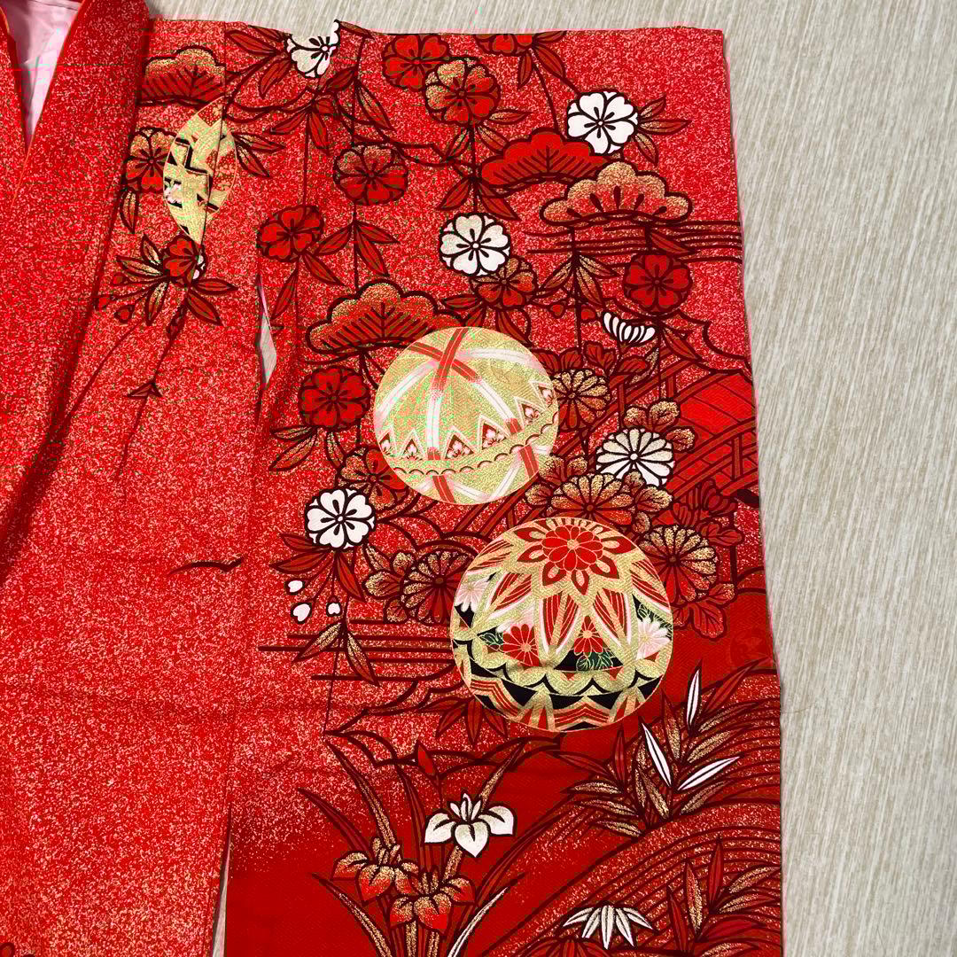 七五三用 赤色 花柄 和風衣装 鞠 着物 襦袢