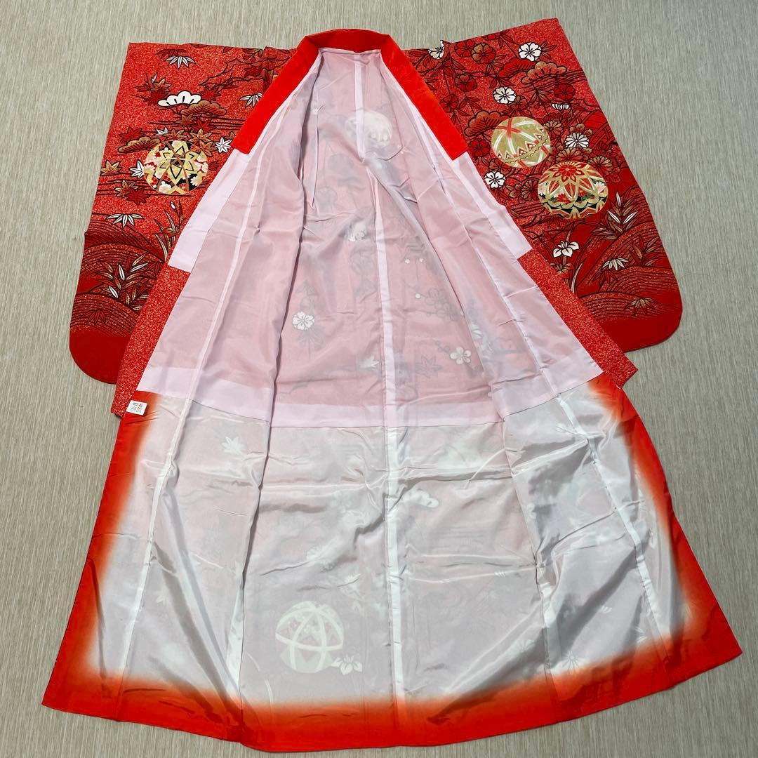 七五三用 赤色 花柄 和風衣装 鞠 着物 襦袢