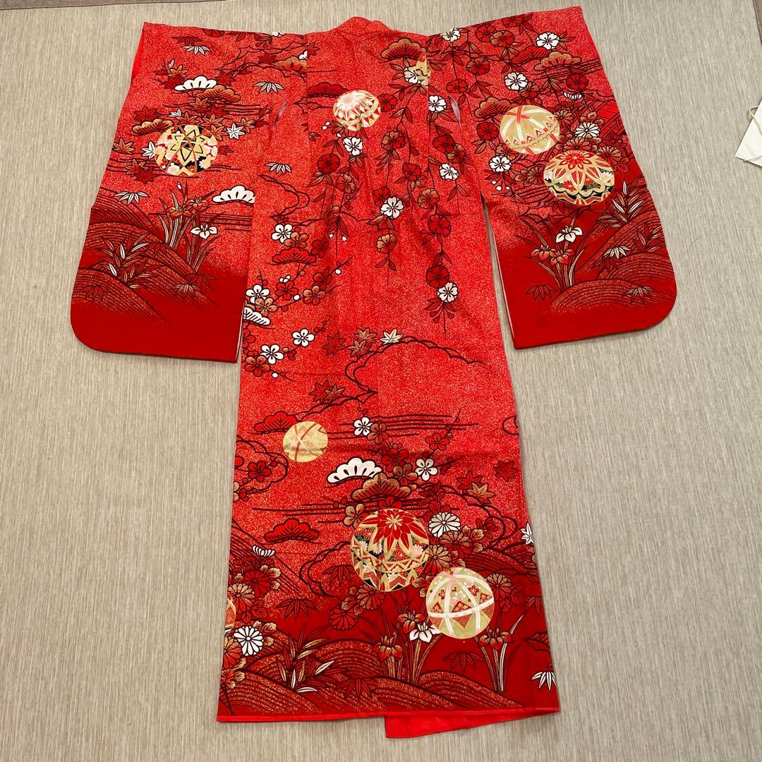 七五三用 赤色 花柄 和風衣装 鞠 着物 襦袢