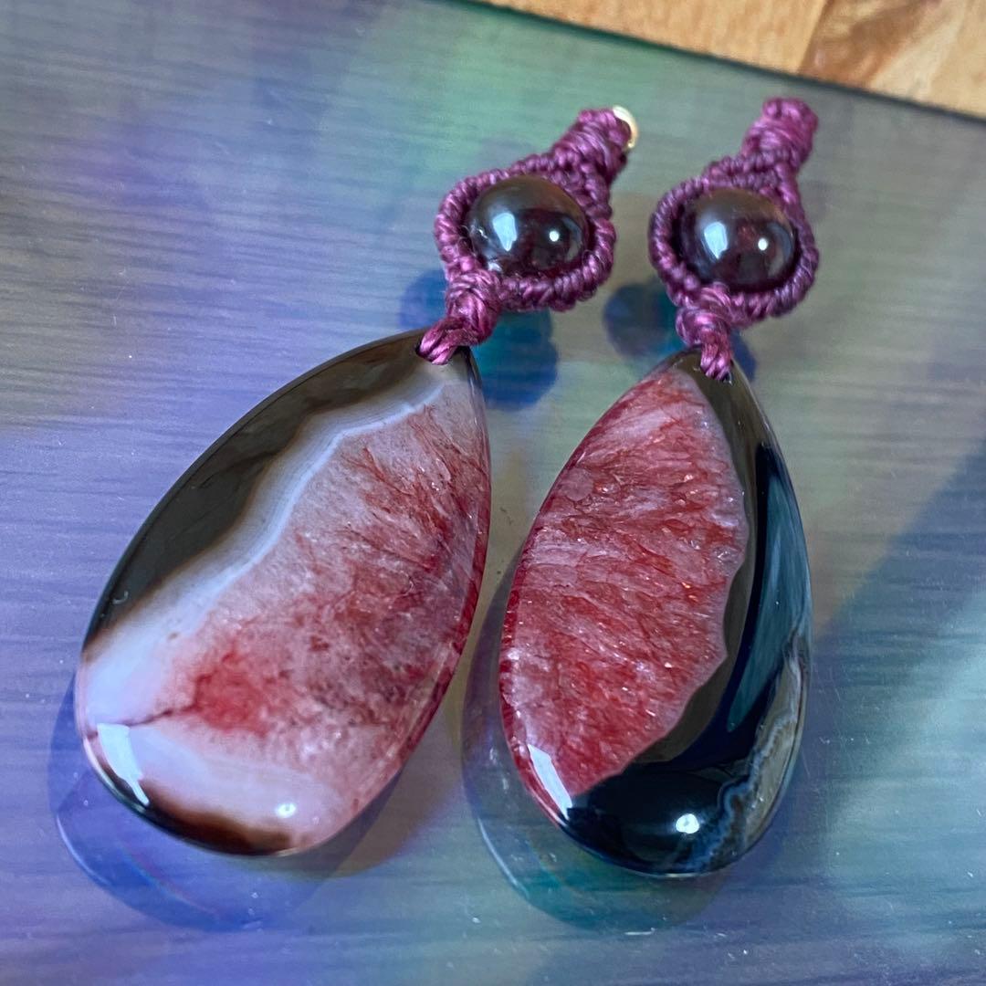 個性◎BIG！マクラメ編みイヤリング◇1494◇赤×黒★瑪瑙★ガーネット