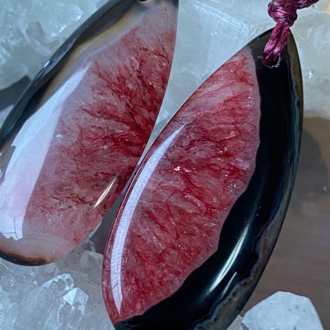 個性◎BIG！マクラメ編みイヤリング◇1494◇赤×黒★瑪瑙★ガーネット