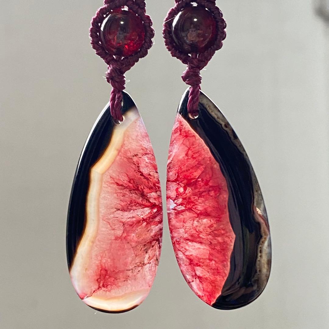 個性◎BIG！マクラメ編みイヤリング◇1494◇赤×黒★瑪瑙★ガーネット