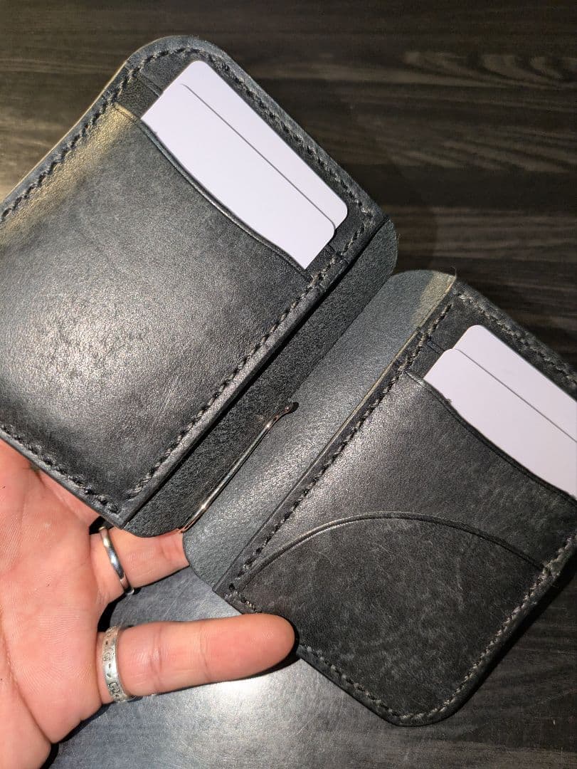 本革 マネークリップ式 ミニ財布 コンパクト 総手縫 ハンドメイド 革財布