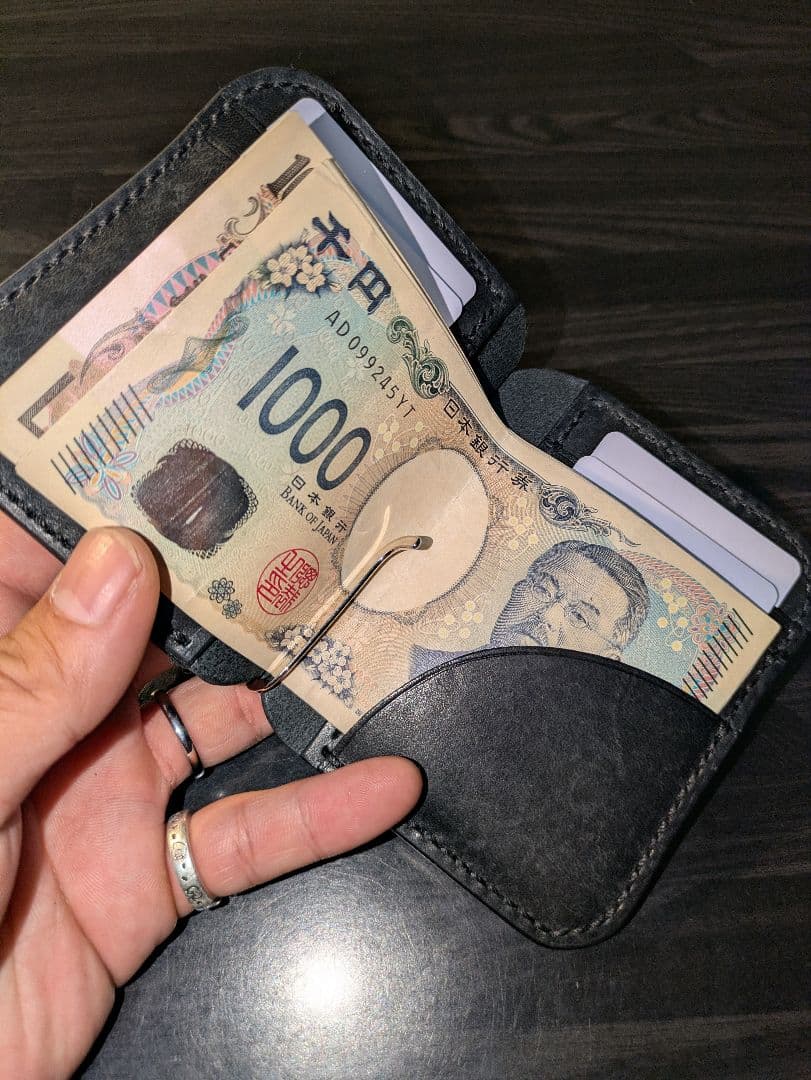 本革 マネークリップ式 ミニ財布 コンパクト 総手縫 ハンドメイド 革財布