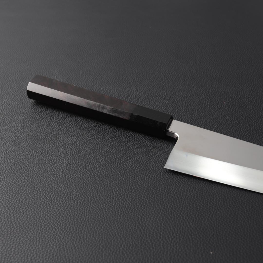 10744鏡面仕上げ 出刃包丁 6寸 刃渡り180 刺身包丁 黒檀黒水牛角八角柄