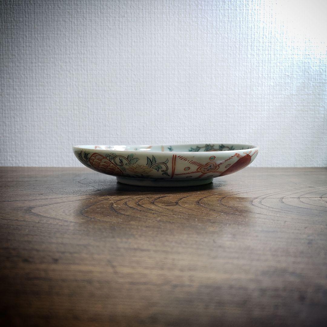 古伊万里 色絵付 中皿 赤絵 薄緑 草文様 希少図 トリアシ ロ号