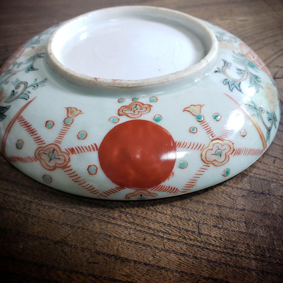 古伊万里 色絵付 中皿 赤絵 薄緑 草文様 希少図 トリアシ ロ号