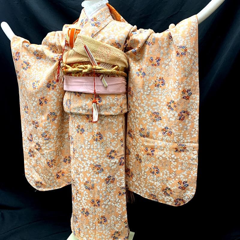 508ag25□七五三 七歳 女児 着物&丸帯 小花柄 淡いオレンジ□美品