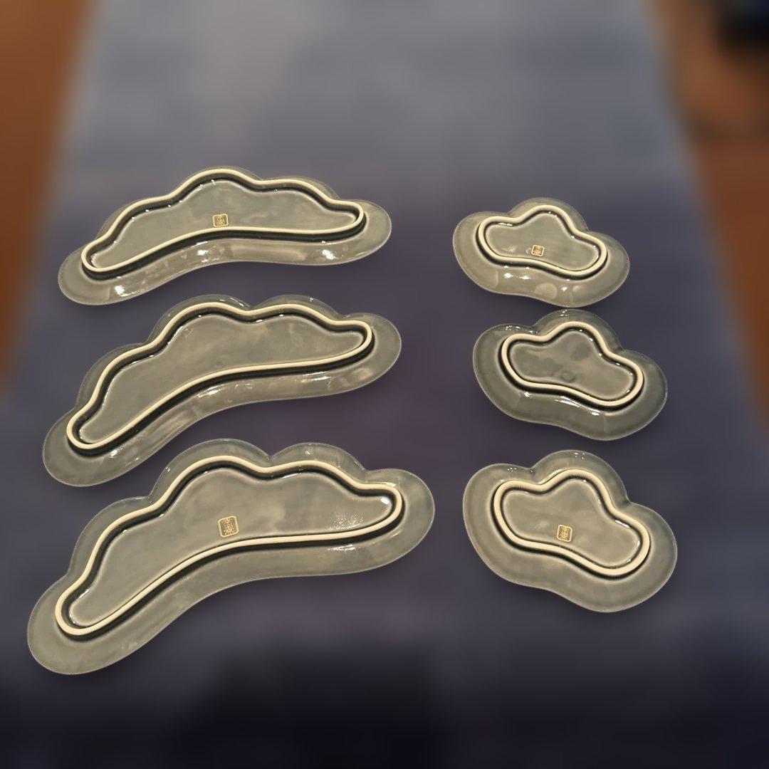 美品　幸楽窯　松葉型　縁起物　大小　3セットブルー（6枚）