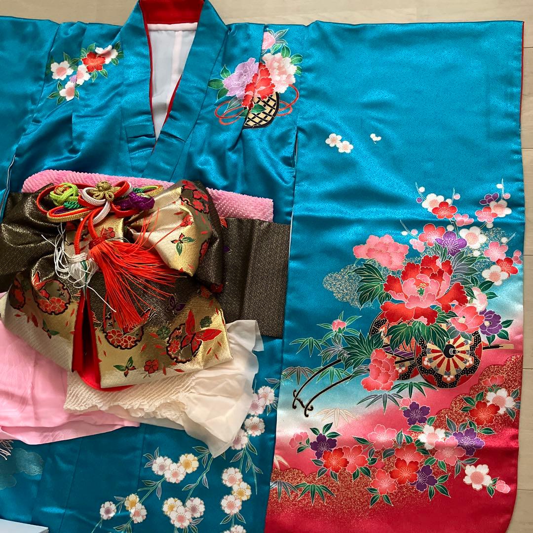 ★底値！百貨店購入7歳七五三フルセット青花柄 着物長襦袢紐小物和装一式セット★