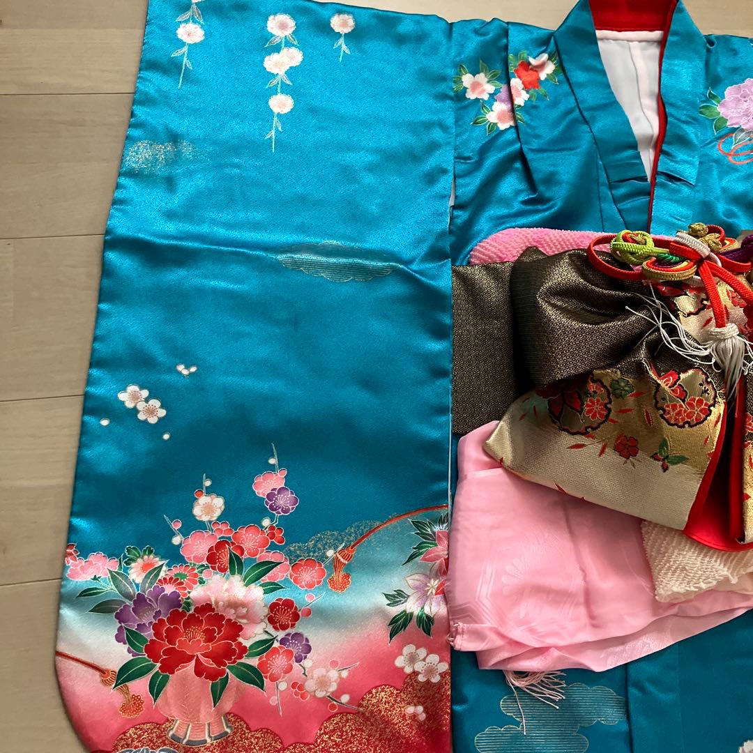 ★底値！百貨店購入7歳七五三フルセット青花柄 着物長襦袢紐小物和装一式セット★