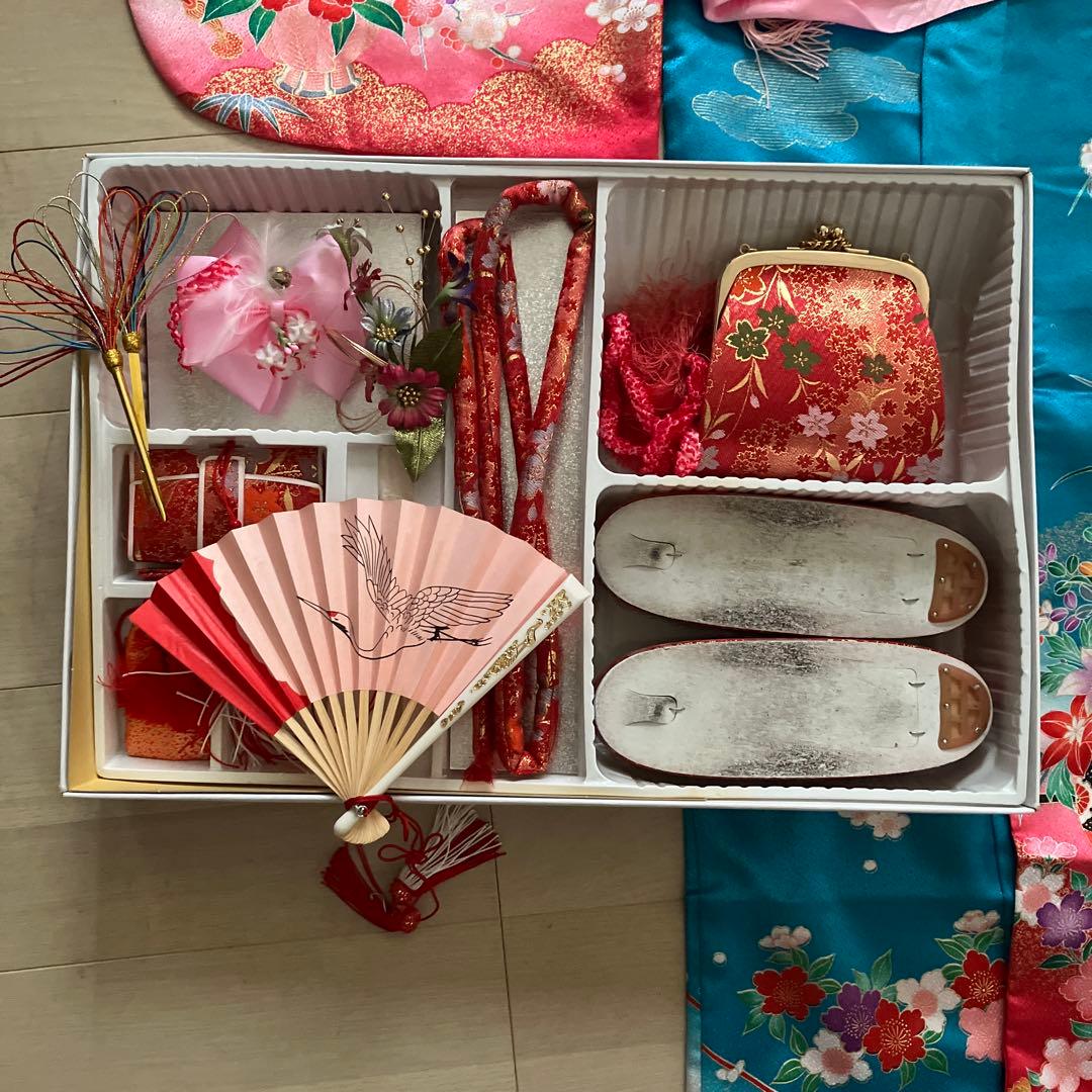 ★底値！百貨店購入7歳七五三フルセット青花柄 着物長襦袢紐小物和装一式セット★