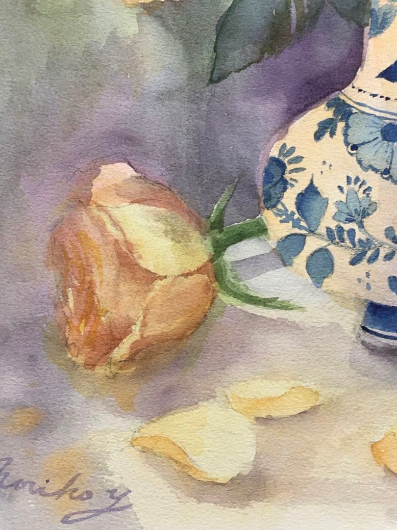 透明水彩画原画オレンジの薔薇とデルフト焼きの花瓶⑨ - メルカリ