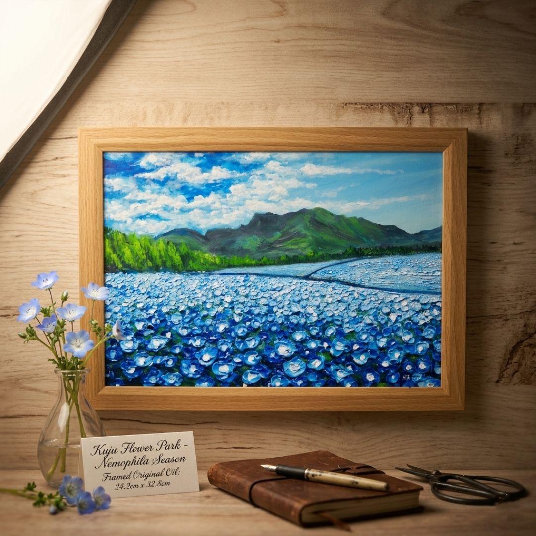 油絵 油彩 油彩画 絵 絵画【くじゅう花公園のネモフィラ畑】 - メルカリ
