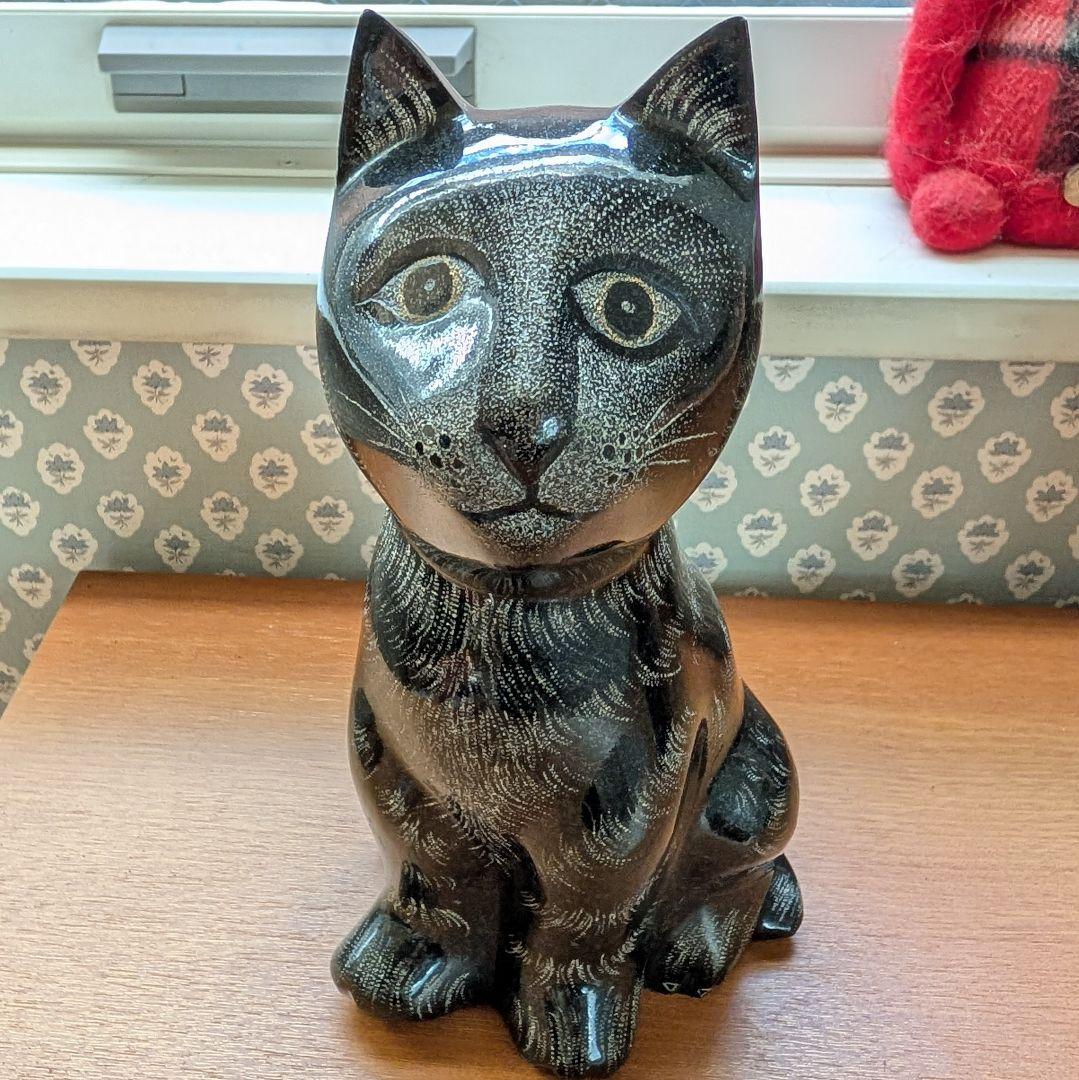猫　置物　オブジェ　御影石　希少　黒猫　ガーデニング雑貨　北欧