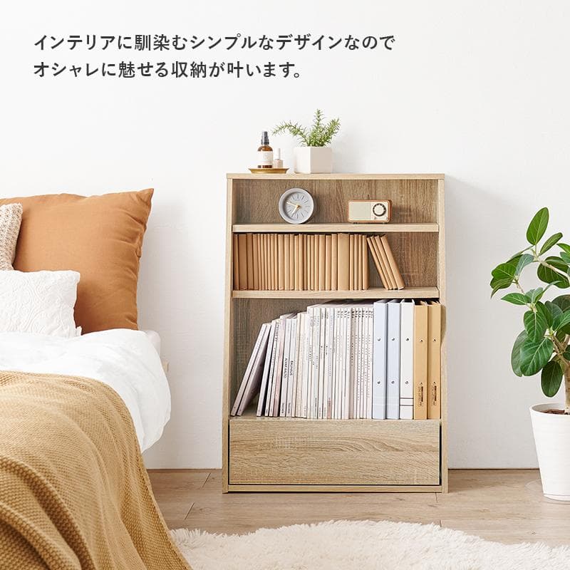 1cm刻みで調節引き出し付き本棚 ロータイプ 幅60cm ホワイト[8481]