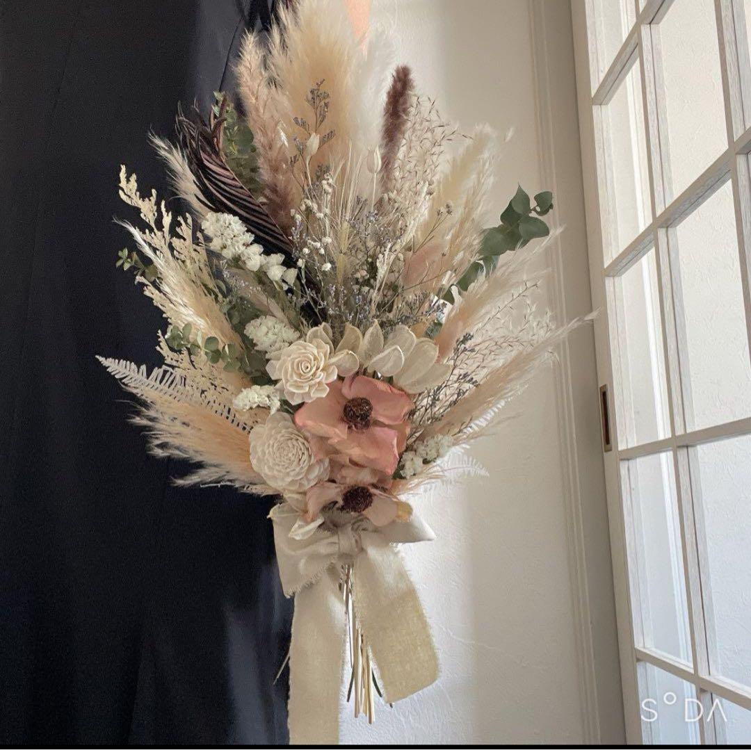 ドライフラワーブライダルブーケ　パームフラワー　　さくらピンク　クラシカル